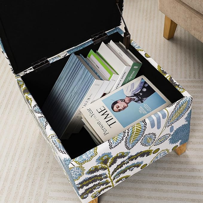 Adeco 18 Inch High Cube Ottoman Storage, Linen Chair Foot Stools, Upholstered Vanity Stool with Hinged Lid, Solid Wood Legs (Blue Leaves)