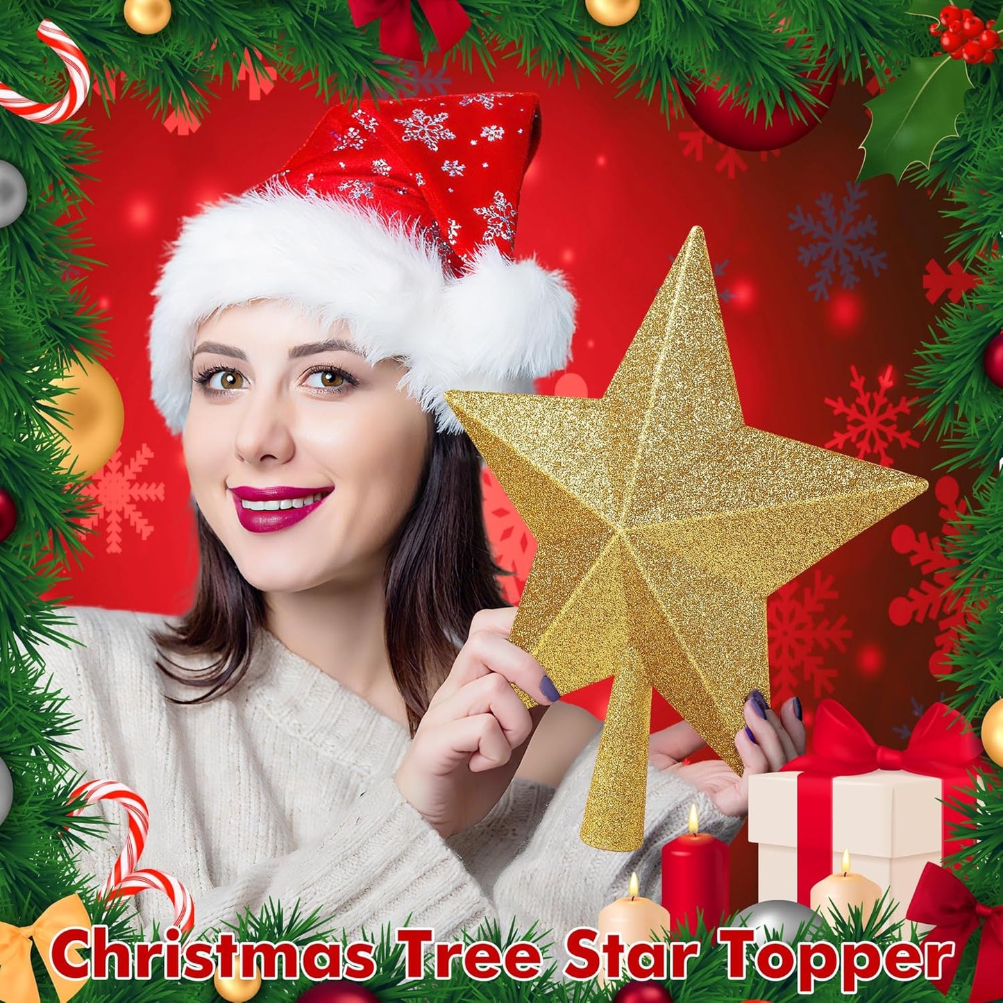 Christmas Tree Topper, 1PCS 10" Gold Glitter Star Tree Topper, Large Xmas Shatterproof Mini Bethlehem Star Tree Topper Decorations, Waterproof Christmas Decor for Holiday Home Outdoor Ornament