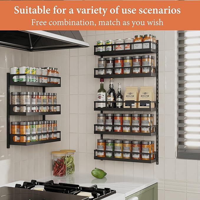 X-cosrack Wall Mount Spice Rack Organizer 5 Tier Height-Adjustable Hanging Spice Shelf Storage for Kitchen Pantry Cabinet, Dual-Use Seasoning Holder Rack with Hooks, Black-Patented