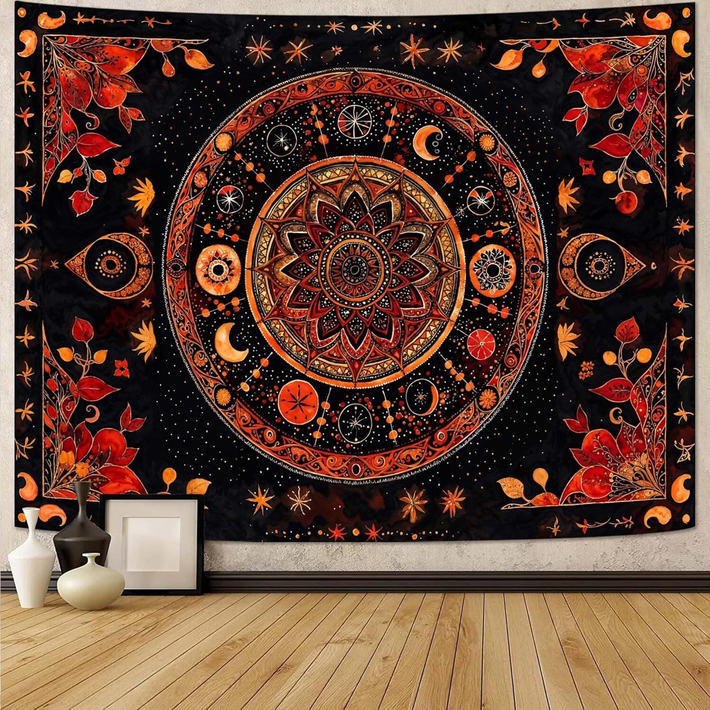 Lunerfex Mandala Moon and Stars Tapestry Boho Tapestry for Bedroom Black and Orange Tapestries Wall Hanging Living Room Wall Art and Home Decor 44x60