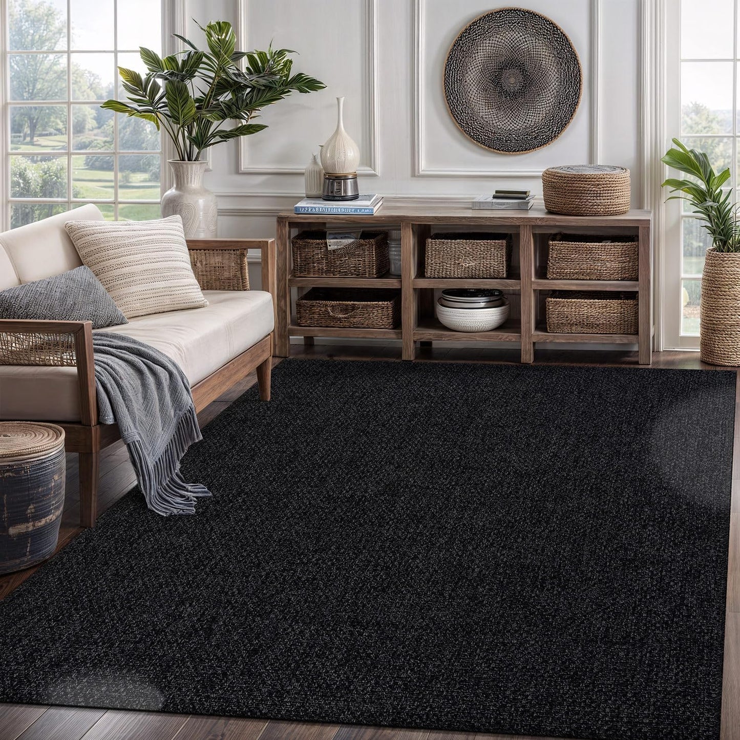 CAMILSON Easy Jute Rug 8x10, Indoor Outdoor Dark Gray Black Farmhouse Area Rugs for Living Room Patio and Kitchen Rug Solid Boho Woven Design Easy-Cleaning Washable Outside Carpet Alfombras (8 x 10)