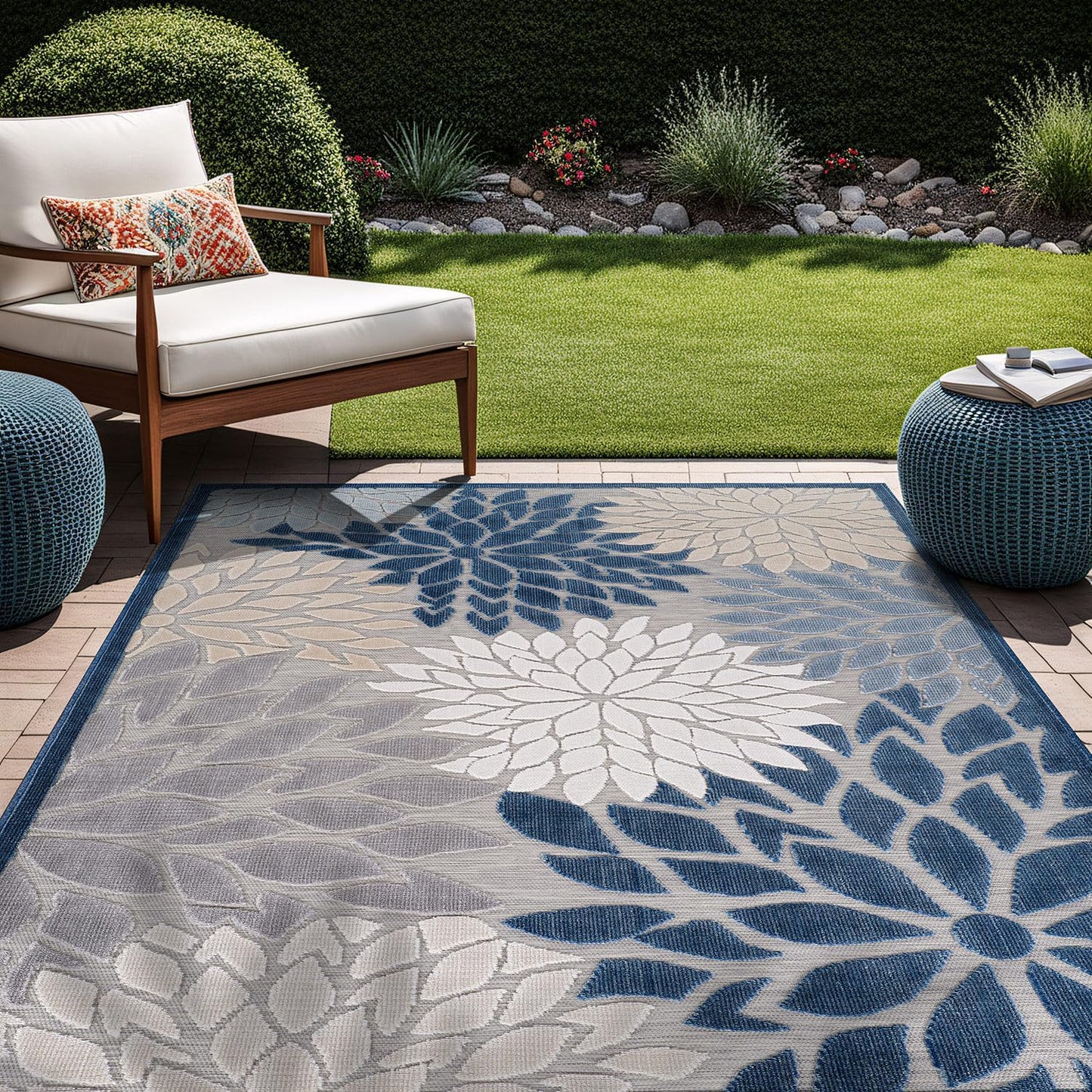 Beverly Rug Outdoor Rug 6x9 Modern Floral Tropical Area Rugs for Indoor and Outdoor Patio Easy to Clean Non Shedding Living Room Porch Garden Washable Outside Carpet (6 x 9 Blue)