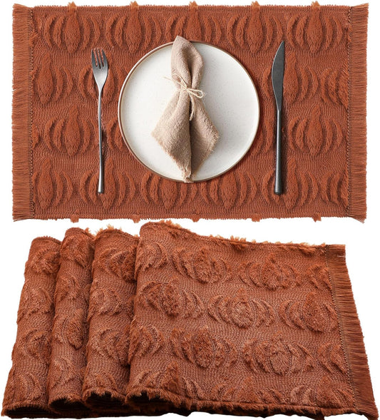 Nuanchu 4 PCS Rust Pumpkin Fall Placemats 13 x 19 Inch Autumn Harvest Soft Plush Faux Fur Wool Table Mats Thanksgiving Placemats for Party Kitchen Dining Decoration