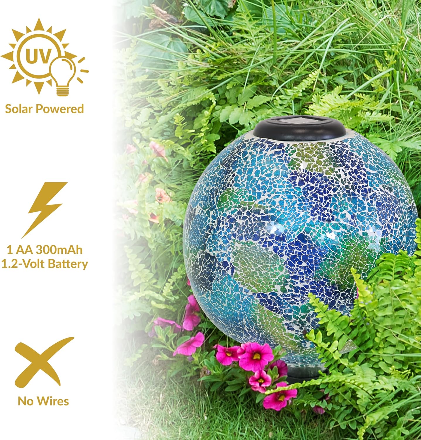 Sunnydaze Azul Terra 10" Crackled Glass Garden Gazing Globe with LED Solar Light - Set of 2