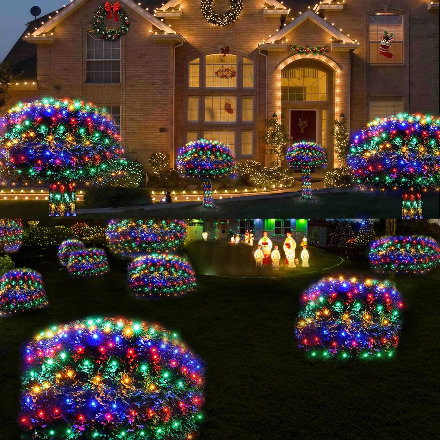 WBao Christmas Lights Outdoor, 200LED 8.4ft x 5.2ft Christmas Net Lights with 8 Modes, Timer, End to End Connectable, Waterproof LED Net Lights for Lawn, Bushes, Trees Xmas Decorations, Multicolor
