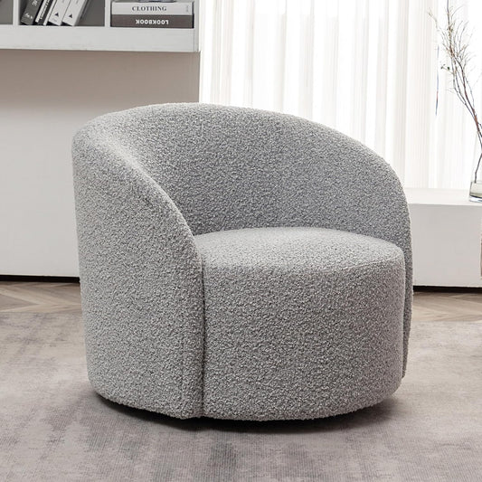 KINWELL 34" W Mid Century Modern Swivel Barrel Chair, Round Upholstered Boucle Swivel Accent Chairs, No Assembly Sofa Chair for Living Room Bedroom Reading Apartment Lounge Nursery(Black White)