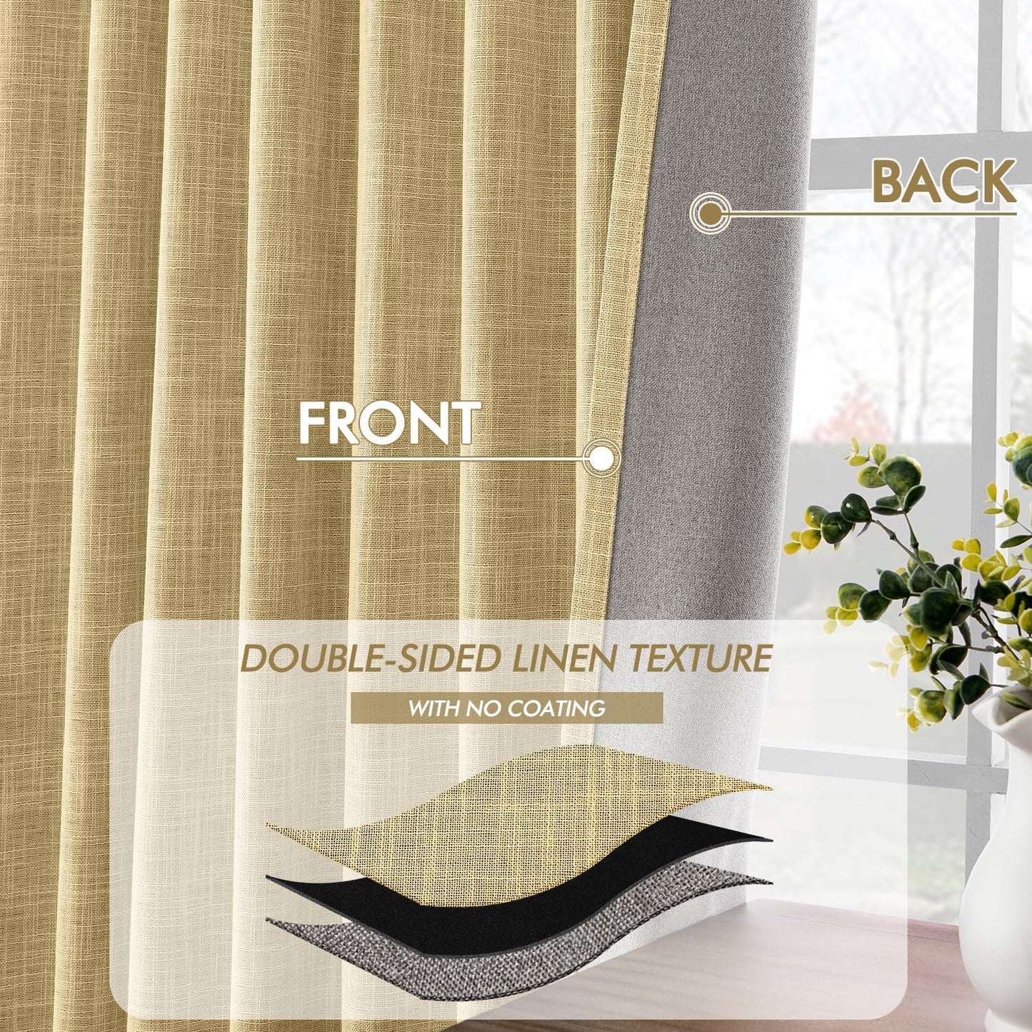 MIULEE Yellow 100% Blackout Linen Curtains 102 Inch 2 Panels Set Double Sided No Coating Pinch Pleated Back Tab Floor to Ceiling Black out Thermal Insulated Bedroom Living Room Darkening Window Drapes