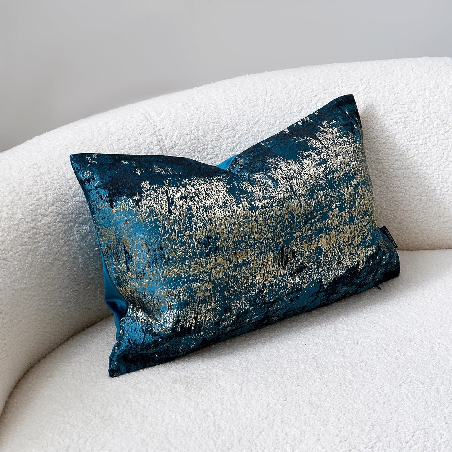 THE-TINOART Teal & Gold Embroidered Jacquard Pillow Cover 12x20 Inches – Luxury Reversible Decorative Throw Pillow Cover with Gold Thread & Velvet Backing, Elegant Holiday Home Decor