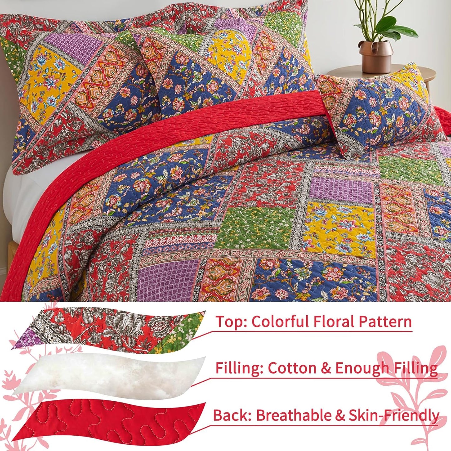 VAPUTAR Cotton Quilt Queen Size Set, Quilted Bedspread Coverlet (90 * 98 Inch) with 2 Pillowcovers, 3 Pieces Lightweight Farmhouse Style with Patchwork Design Queen Quilt Bedding Set for All Season