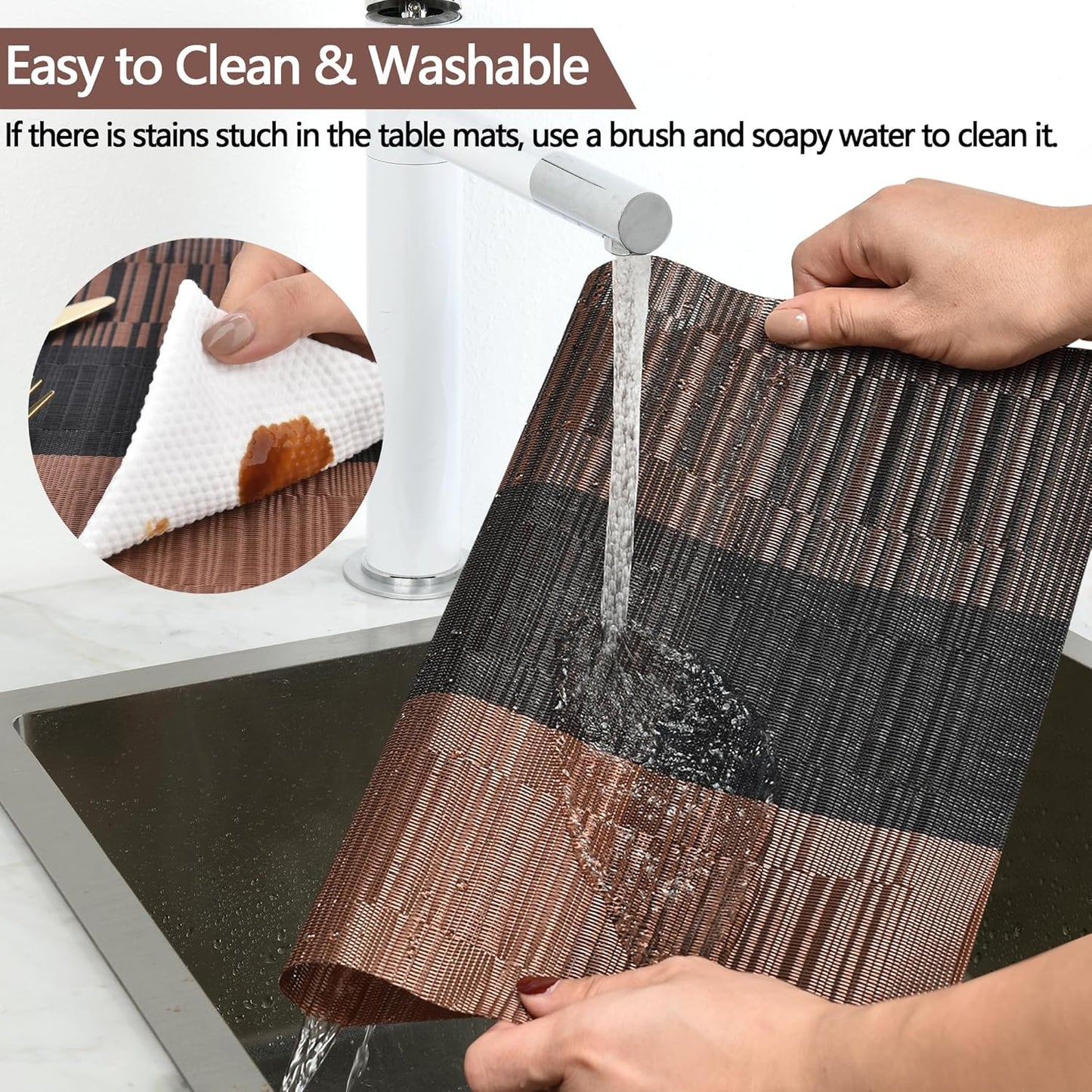 Placemats Set of 6 - Easy Clean Modern Durable Washable Vinyl Place Mats - Heat Resistant Placemats for Kitchen Table - PVC Table Mats for Dining Table (Brown Black, 6)