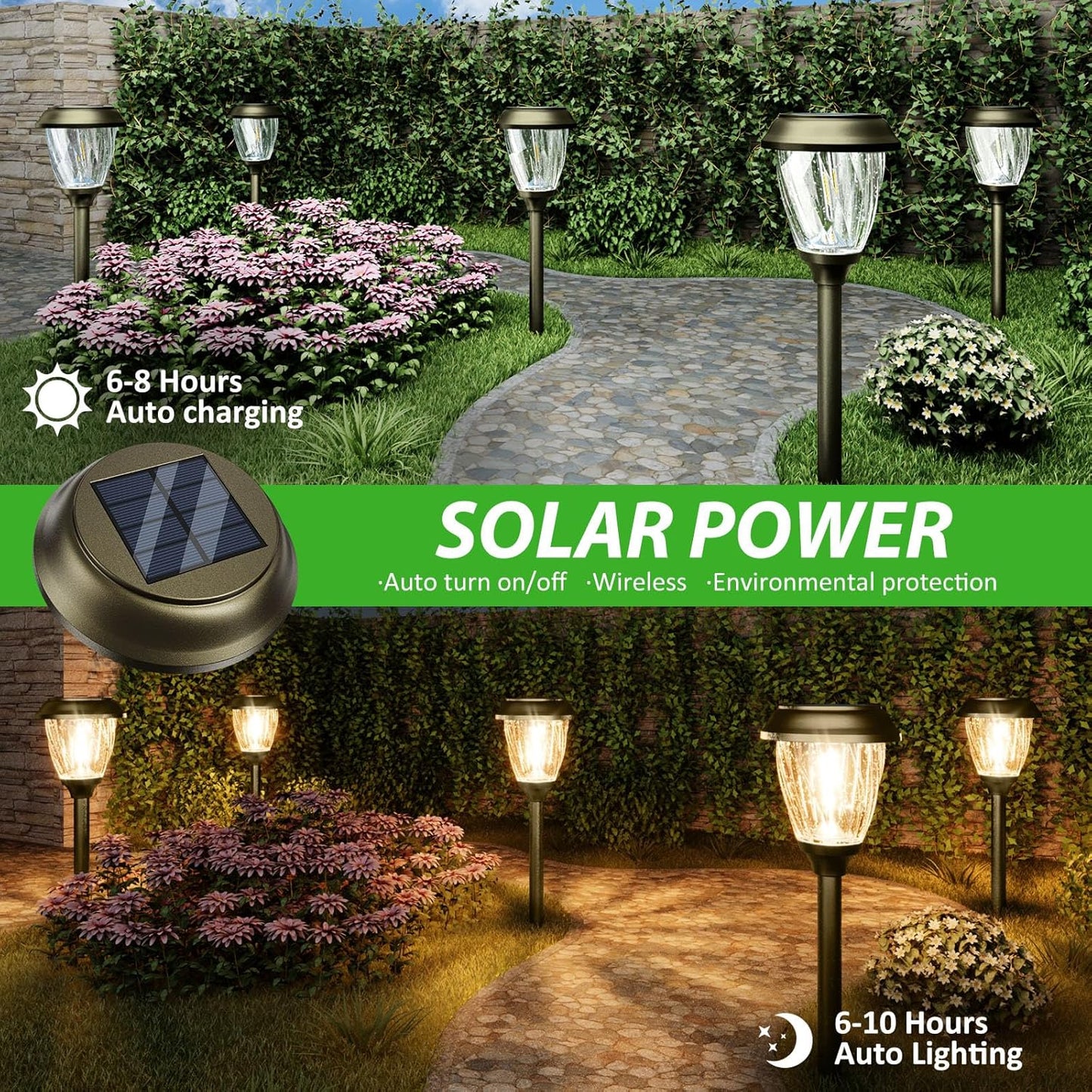 XMCOSY+ Solar Pathway Lights Outdoor, 10/25 LM in 2 Lighting Modes, Glass Stainless Steel Waterproof Outside Solar Powered Garden LED Lights for Yard Lawn Driveway Walkway Landscape Decor(Warm White)