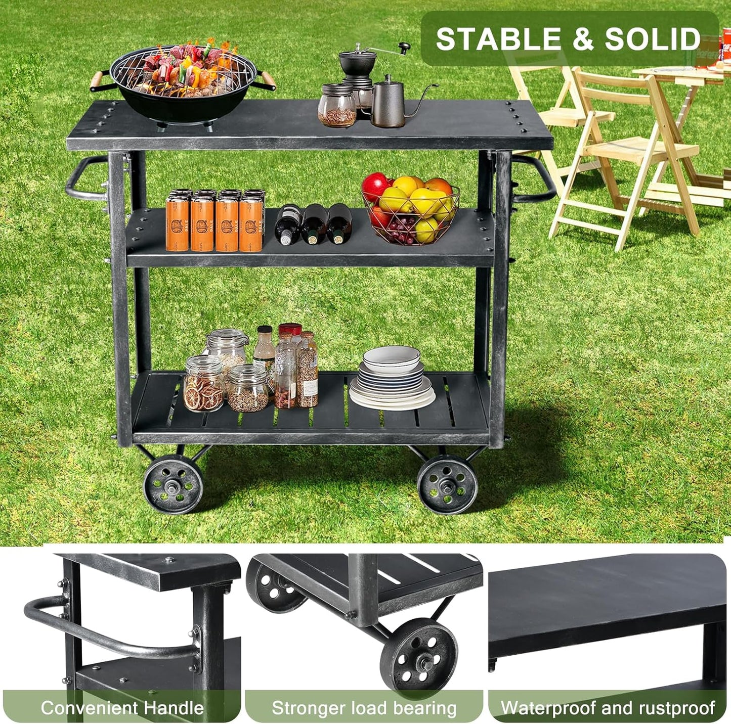 Diwhy Industrial 3 Tier Rolling Utility Storage Cart Wine Beverage, Metal Wine Rack with Wheels Kitchen Bar Dining Room Tea Wine, Serving Cart