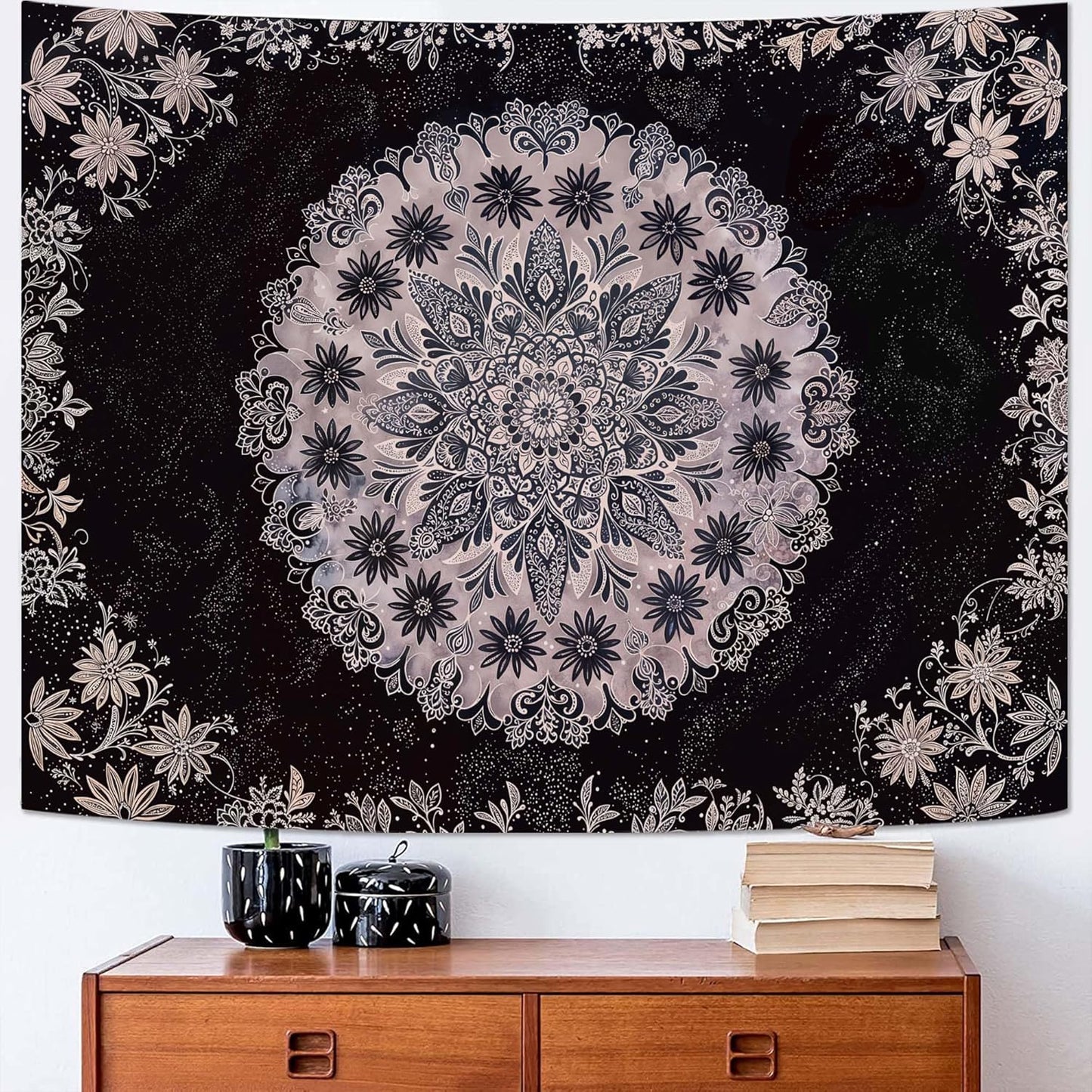 Fowocu Boho Floral Mandala Tapestry Wall Hanging Grey Bohemian Flower Medallion Tapestry Aesthetic Gray Black Hippie Indian Small Tapestries for Bedroom Living Room Dorm Decor 48 x 36 Inch