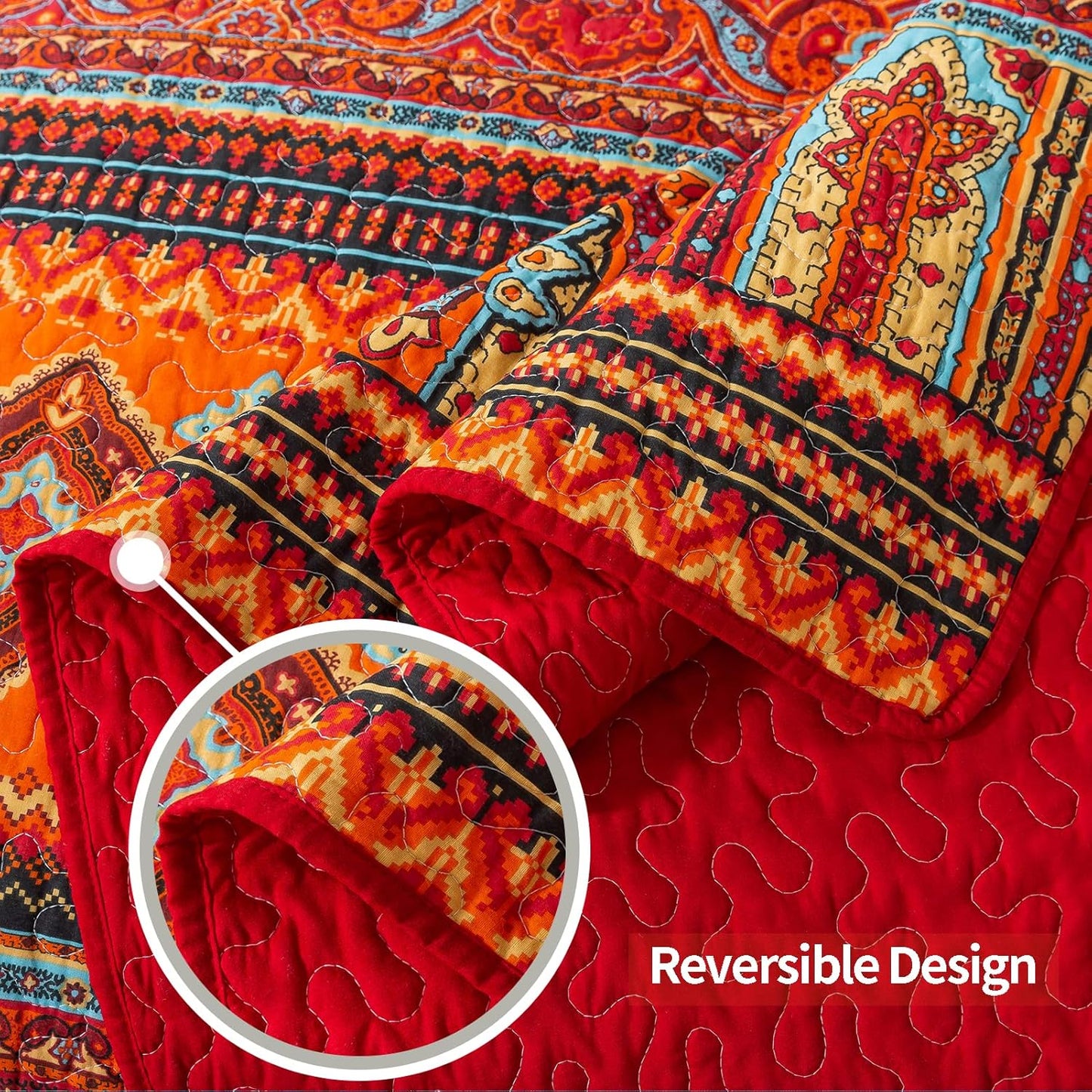 VAPUTAR Cotton Quilt King Size Bedding Set - 3 Pieces King Quilt Bedding Set, Boho King Size Quilts, Lightweight Reversible Coverlets Bedspreads for Farmhouse Bedroom (Red/Orange)