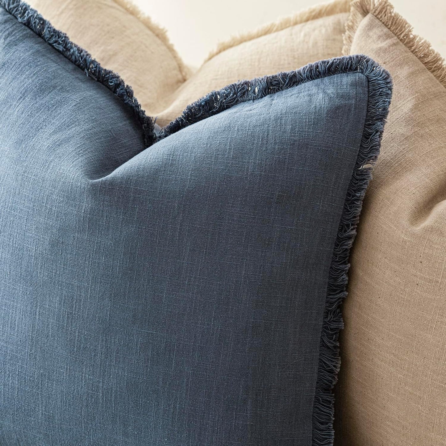 Foindtower Set of 2 Decorative Linen Fringe Throw Pillow Covers Cozy Farmhouse Cushion Cover with Tassels Accent Pillowcase for Couch Chair Sofa Bed Living Room Home Decor,18×18 Inch,Dark Blue