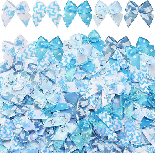 Syhood 150 Pcs Christmas Mini Bow Tiny Twist Tie Bow Handmade Craft Ribbon for DIY Sewing Party Decor(Blue and White,Snowy)