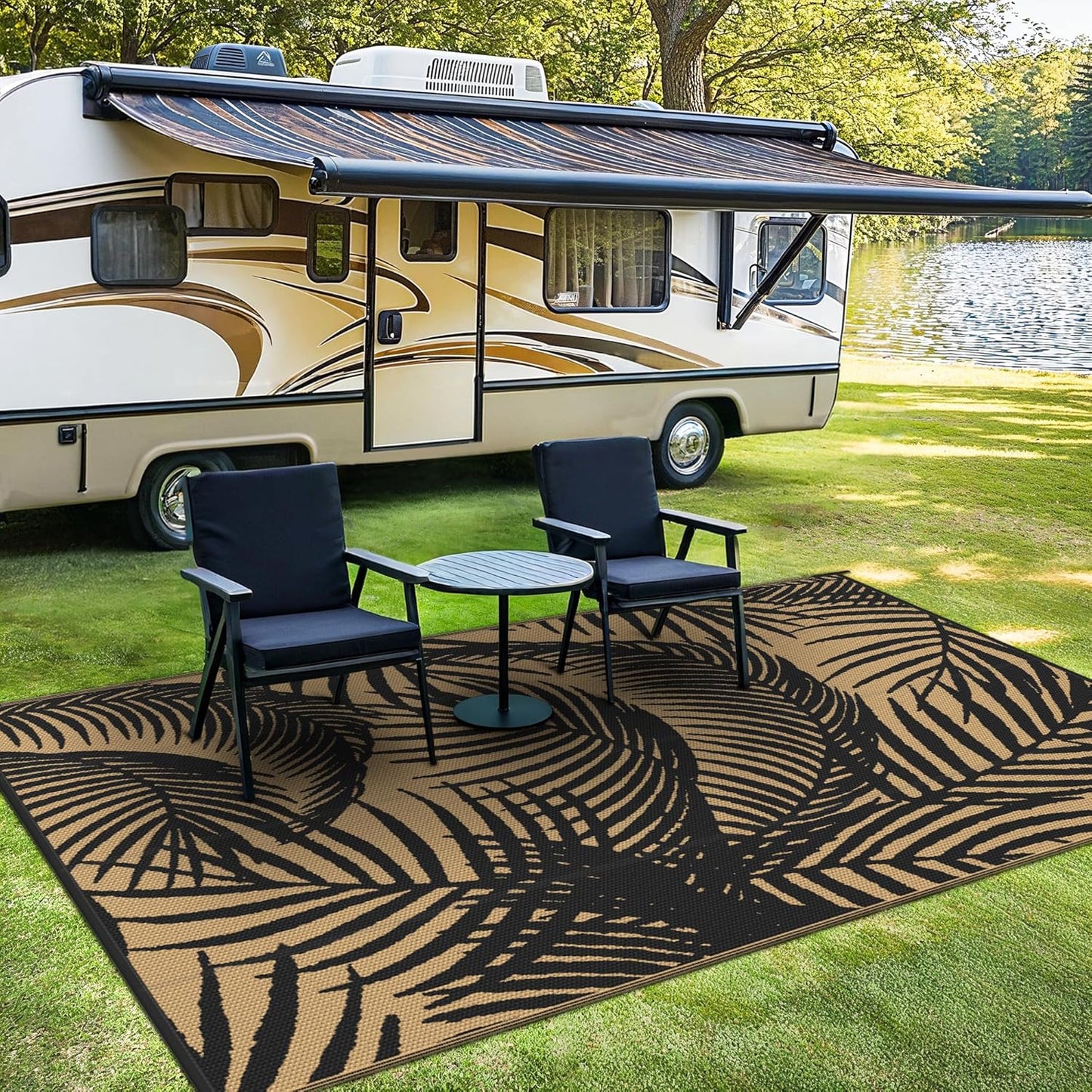 GENIMO Outdoor Rug 5' x 8' Waterproof for Patio Clearance, Reversible Plastic Straw Camping Carpet, Lightweight Mats for Rv, Backyard, Deck, Porch, Picnic, Beach, Balcony, Black & Brown