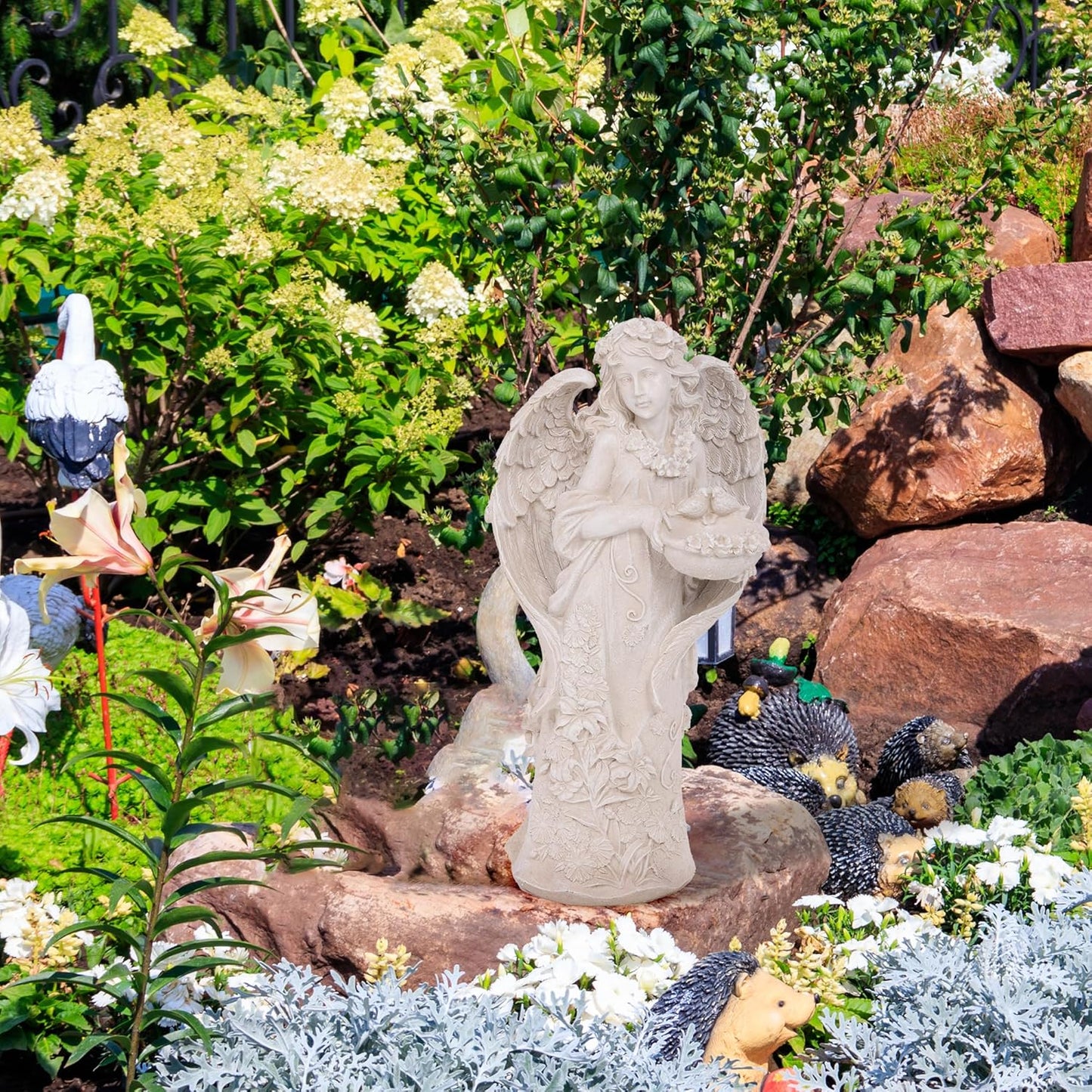 Outdoor Statues Angel Décor Garden Statue,23.5" H Angel Statue, Resin Angel with Bird Figurine,Gifts for Women and Men,Outdoor Garden Decor Ornaments for Outside (White)