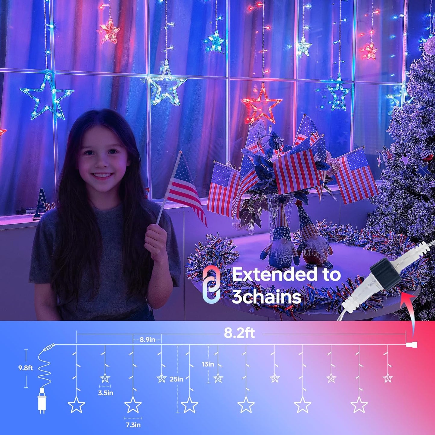 4th of July Patriotic Star Icicle Lights,8.2ft 126LED red White and Blue Curtain String Waterproof, 8 Modes with Timer Connectable Independence Day Decorations Window Lights for Outdoor Indoor