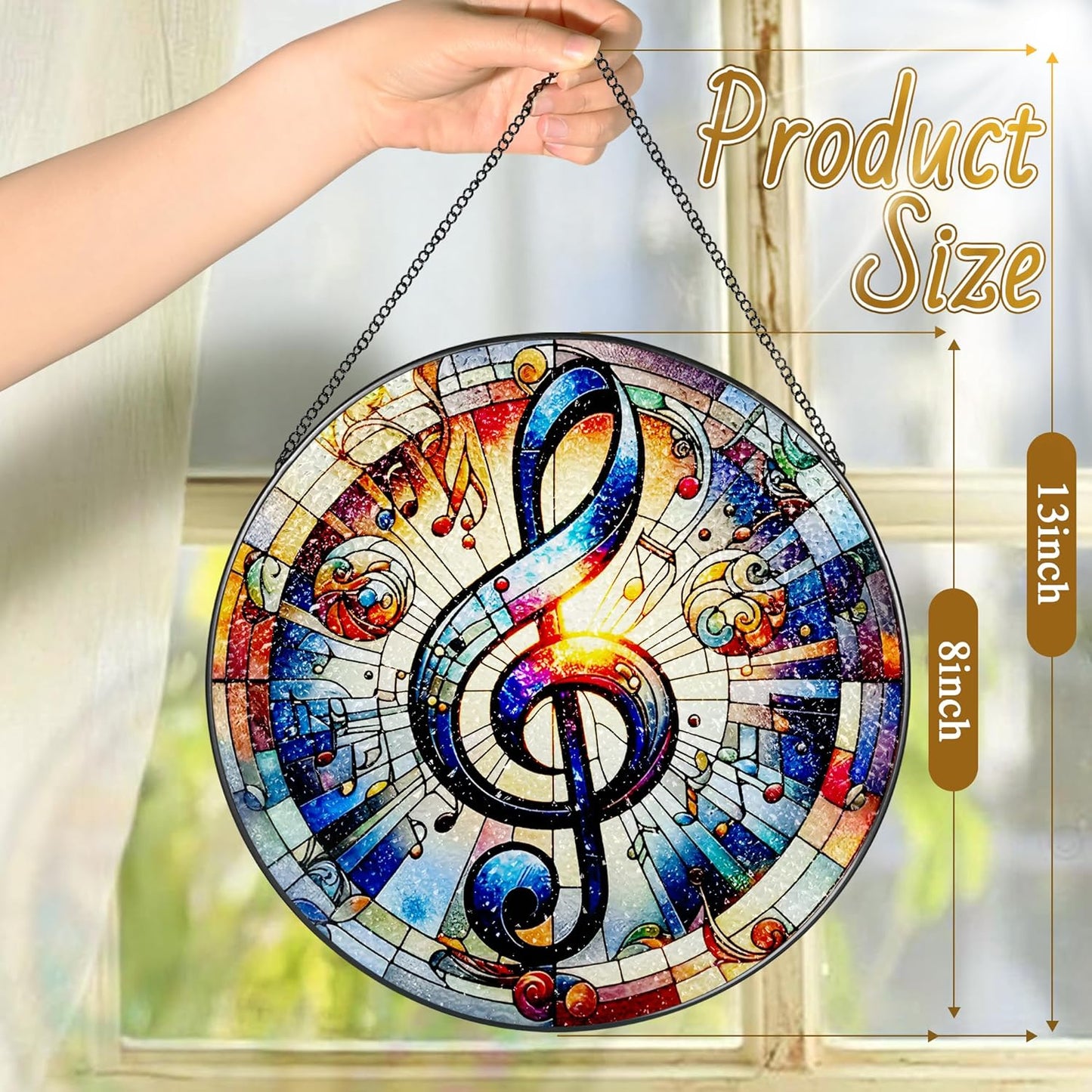 Stained Glass Window Hanging, LAOWEIKI 8'' Musical Note Suncatcher, Stained Glass Ornament, Suncatchers for Windows Hanging, Window Decor, Outdoor or Indoor, Gifts for Friends, Music Lover