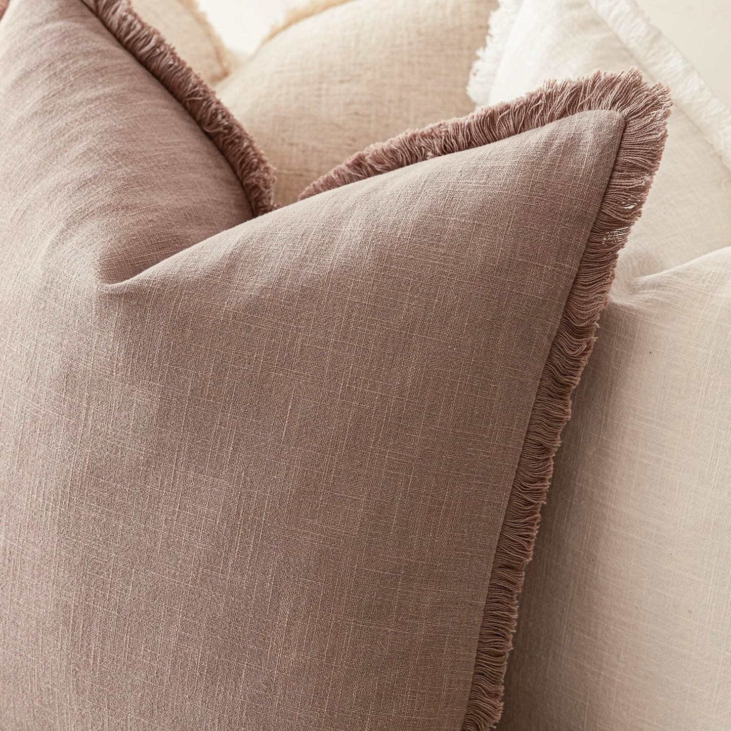 Foindtower Set of 2 Decorative Linen Fringe Throw Pillow Covers Cozy Boho Farmhouse Cushion Cover with Tassels Accent Pillowcase for Couch Sofa Bed Living Room Home Decor,26×26 Inch,Dusty Pink