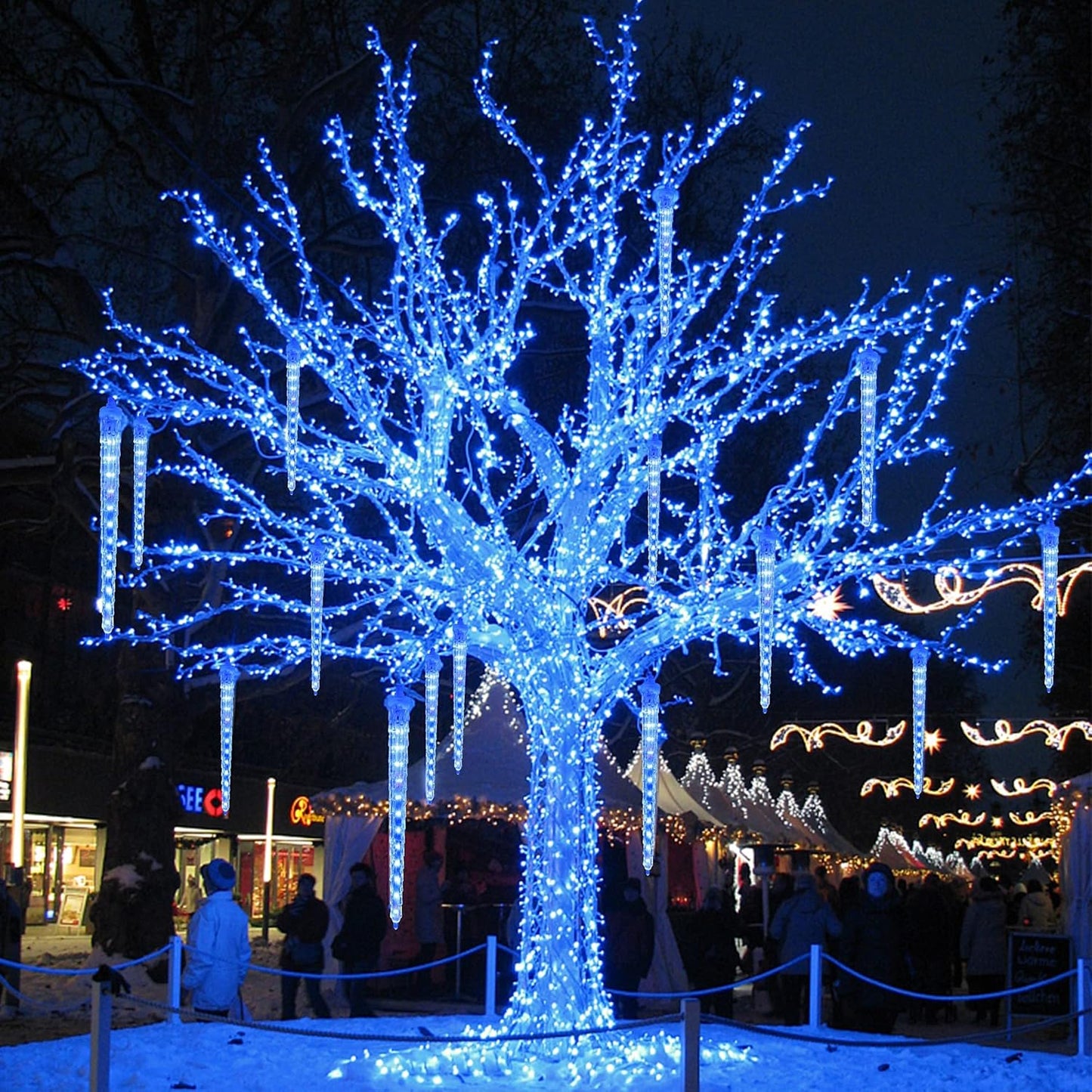 WATERGLIDE Meteor Shower Lights, 12" Outdoor Icicle Christmas Lights 8 Icicles 192 SMD LED Crystal Ice Falling Light, Connectable Raindrop Iciclelight, Xmas Winter Party Tree Holiday Decor, Blue