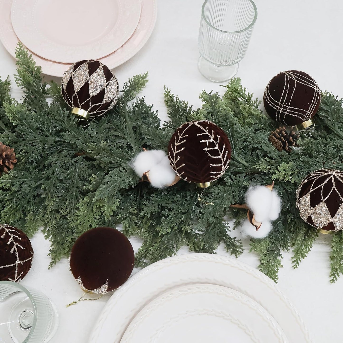 3.15INCH Brown Velvet Ornaments for Christmas Tree, 12PCS Glitter Flocked Christmas Ornaments Decorations Balls Set Decor