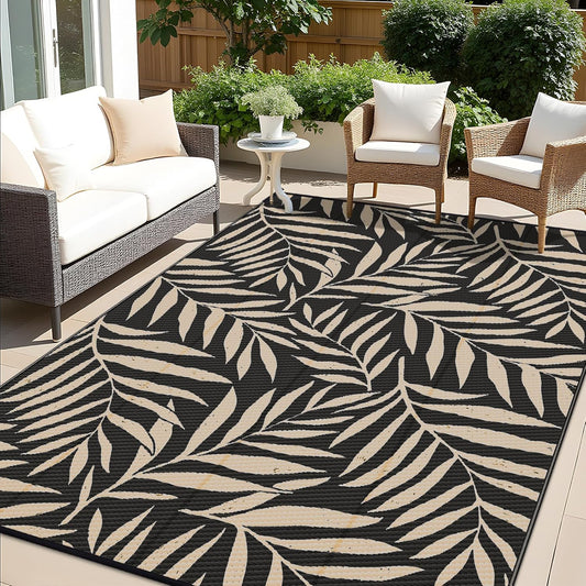 OLANLY Waterproof Outdoor Rug 9x12 ft, Reversible Outdoor Plastic Straw Rug with Leaf Pattern, RV Mat, Indoor Outdoor Carpet for Patio, Camping, Balcony, Deck, Backyard, Black & Beige