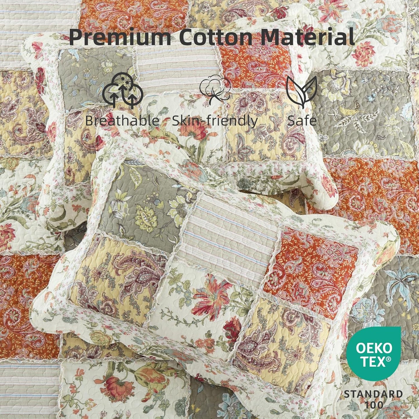 Yvooxny 3-Piece Quilt Set Queen Size Quilted Bedspread Reversible Country Style Floral Real Patchwork Bedding Quilt Set with Ruffles with Pillowcases for All Seasons, 98 * 90 Inches