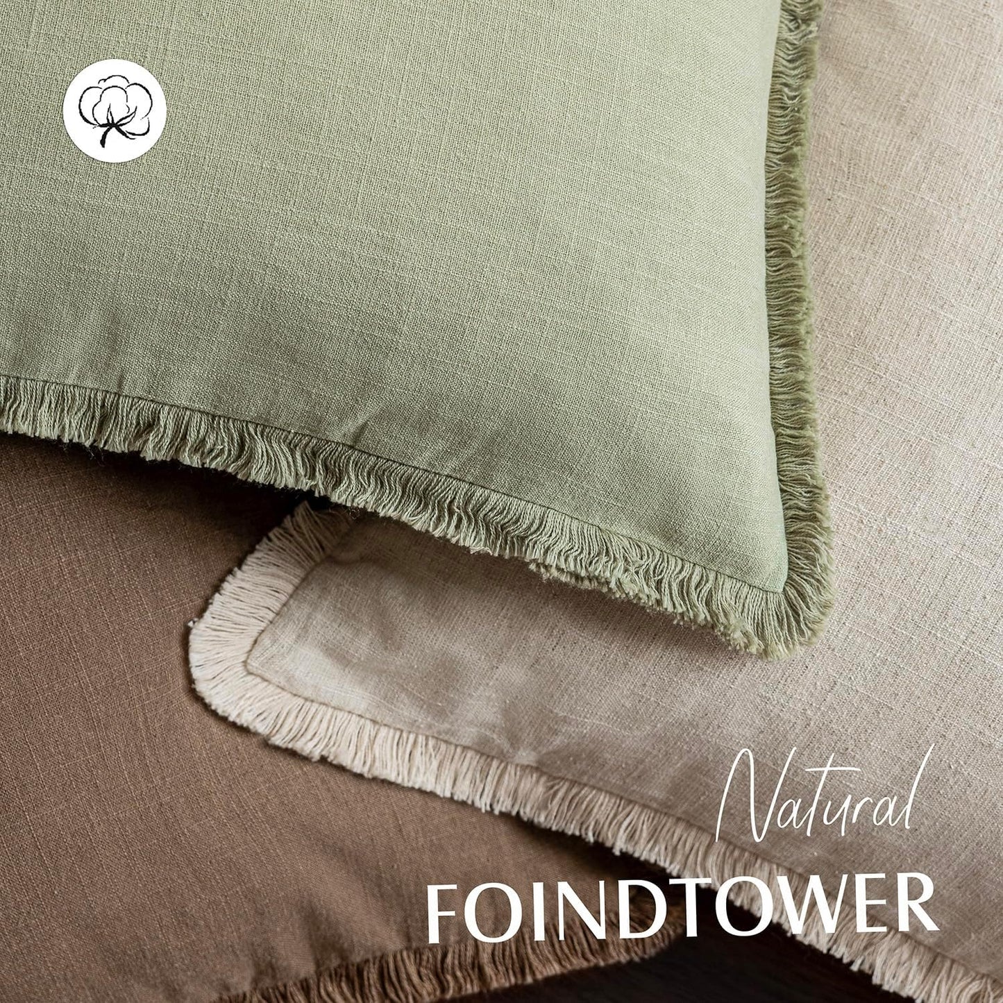 Foindtower Set of 2 Decorative Linen Fringe Throw Pillow Covers Boho Farmhouse Cushion Cover with Tassels Soft Accent Pillowcase for Couch Sofa Bed Living Room Home Decor,22×22 Inch,Light Sage Green