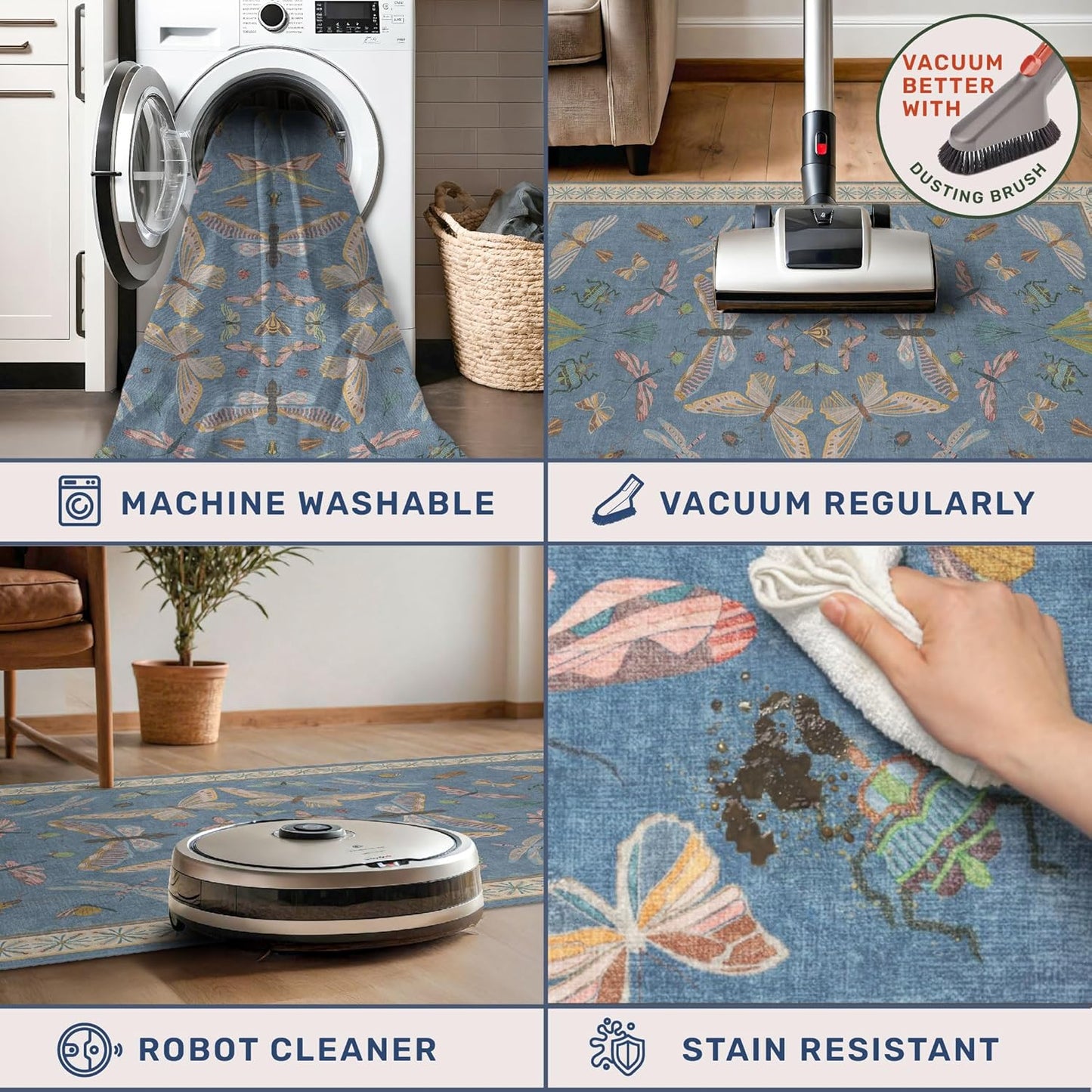 Boho Non Slip Kitchen Rug Runner - 2x6 Blue Washable Rug for Bathroom, Laundry Room, Hallway, Non Slip with Rubber Backing, Insect Print Unique Runner