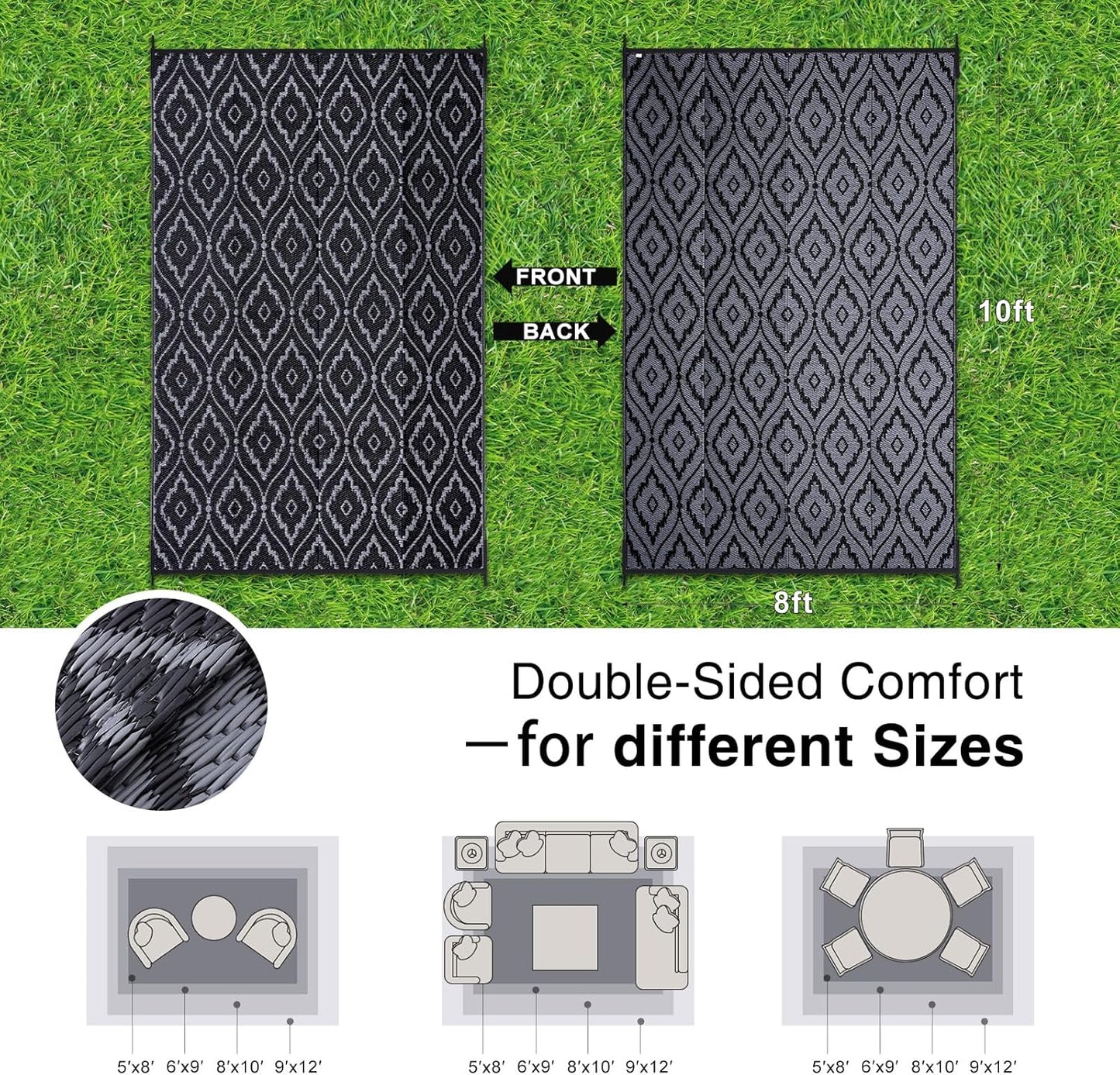 OLANLY Outdoor Rug 8x10 ft Waterproof, Outdoor Plastic Straw Rug with Geometric Pattern Clearance, Reversible RV Mat for Patio, Camping, Balcony, Deck, Backyard, Black & White