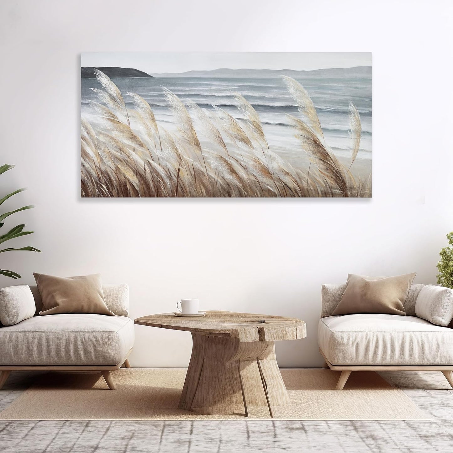 Plant Wall Art Nature Wall Art Reed Seascape Canvas Painting Wall Decor Framed Artwork for Bedroom Living Room Decoration Home Kitchen Office 29"x58"