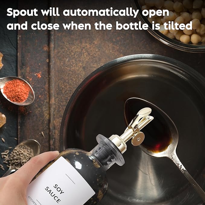 Olive Oil Dispenser Bottle - Includes 55 Kitchen Essential Labels - Cooking Oil Bottles for Kitchen, Coffee Syrup Dispenser - Pourer Spout with 16.9 fl oz Glass Container Cruet - 2pcs, Gold