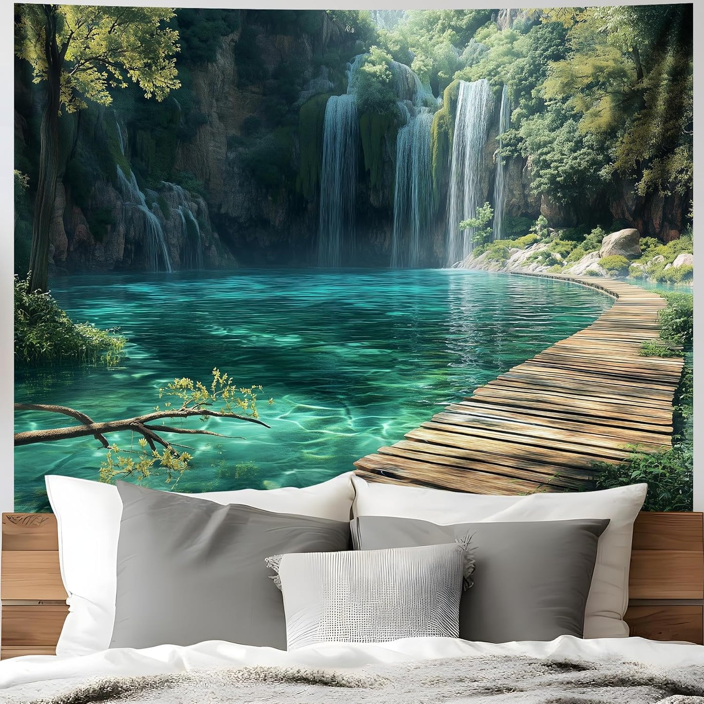 BSFHH Nature Tapestry Forest Tree Sea Cave Wall Hanging, Stream Through Rainforest Landscape Wall Art Tapestry for Bedroom Living room (Waterfall, 90"×70", Unframed)