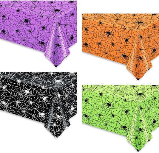Whaline 4 Pcs Halloween Plastic Tablecloths Colored Spider Web Disposable Table Cover Spiderweb Rectangle Table Cloth for Trick or Treat Holiday Party Decor, 54 x 108 Inch