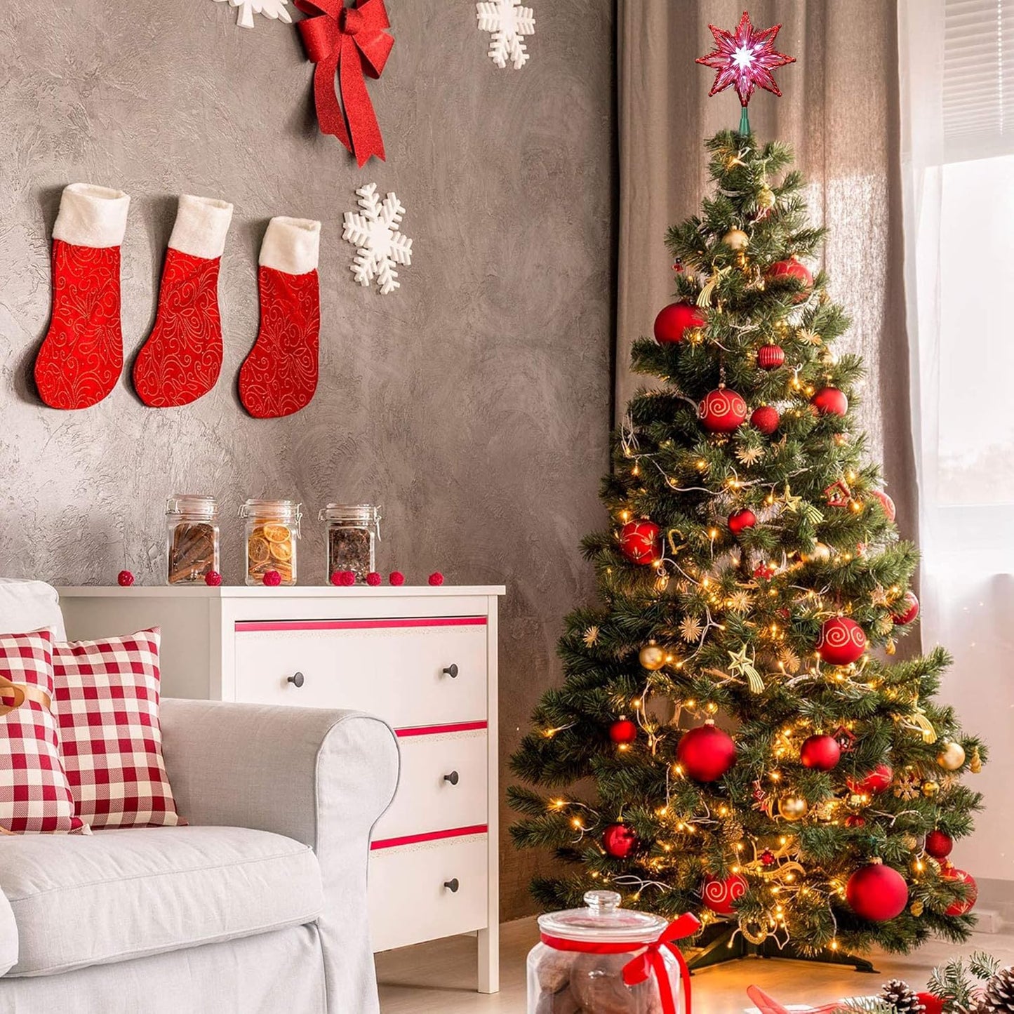 ODEETRONIC Christmas Tree Topper Lights, 8in 120V UL Certified Double Sided 8-Point Christmas Star Treetop, Plug in Indoor Xmas Tree Star-top for Christmas Tree Home Holiday Party Wedding Decor, Red