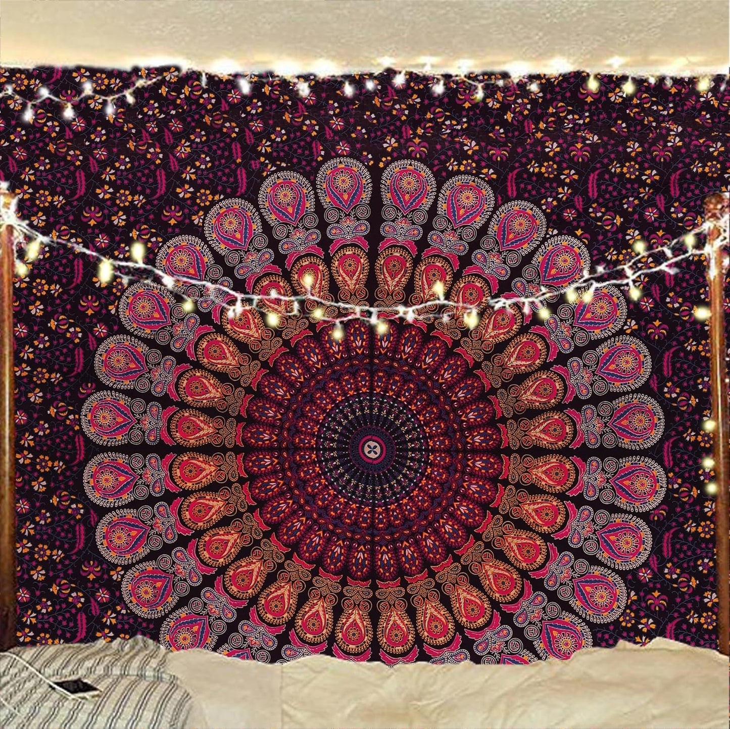 Bless International Handmade Indian hippie Bohemian Psychedelic Peacock Mandala Wall hanging College Dorm Beach Throws Table Cloth Bedding Tapestry (Golden Pink Blue, Twin(54x72Inches)(140x185cms))