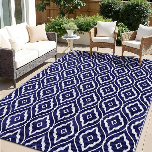 OLANLY Outdoor Rug 9x12 ft Waterproof, Outdoor Plastic Straw Rug with Geometric Pattern Clearance, Reversible RV Mat for Patio, Camping, Balcony, Deck, Backyard, Navy & White
