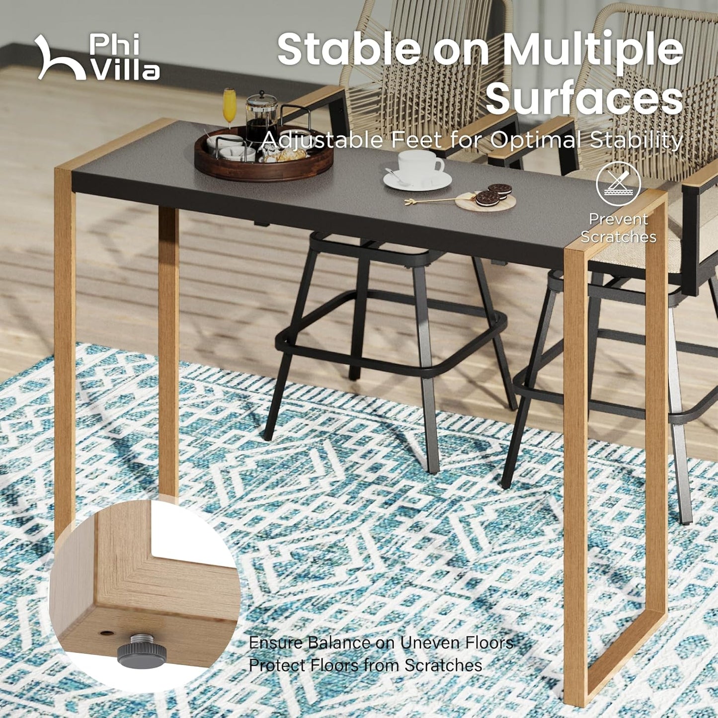 PHI VILLA 3 Piece Outdoor Bar Set, High Top Patio Bistro Table and Bar Chairs with Teal Textilene Fabric & Rustproof Metal Frame for Backyard, Balcony, Garden & Poolside