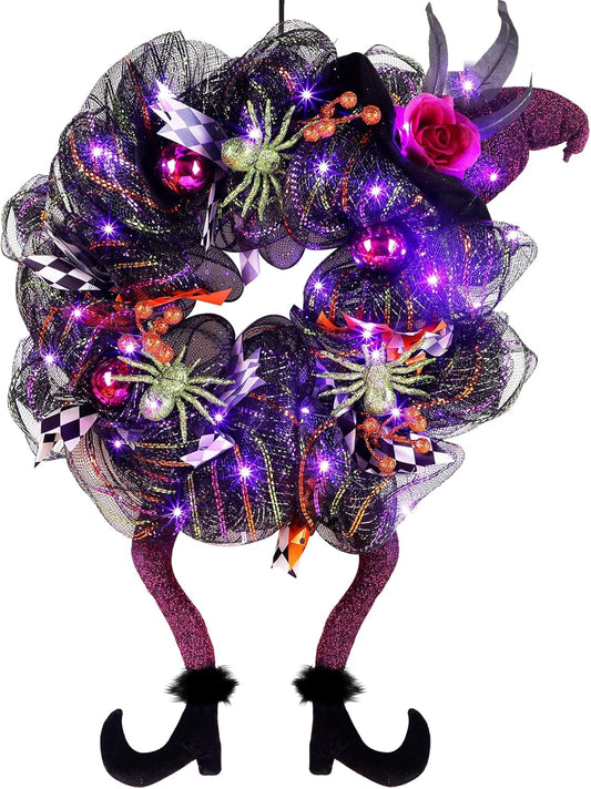Lulu Home Halloween Front Door Wreath, Purple LED Lighted Witch Hat Wreath, Battery Operated, NOT PRELIT