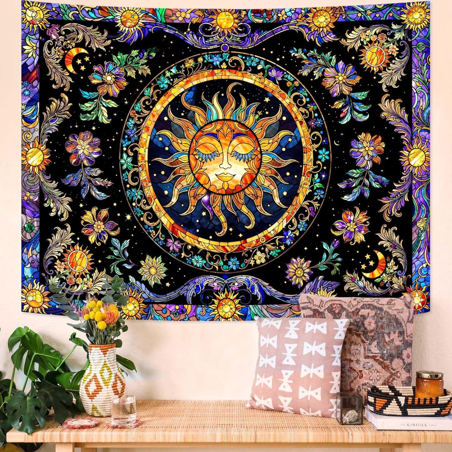 Lunerfex Sun Tapestry Stained Glass Tapestry Wall Decor Tapestries for Bedroom Boho Tapestries Wall Hanging for Bedroom Living Room Glass-Sun-01 60"x80"