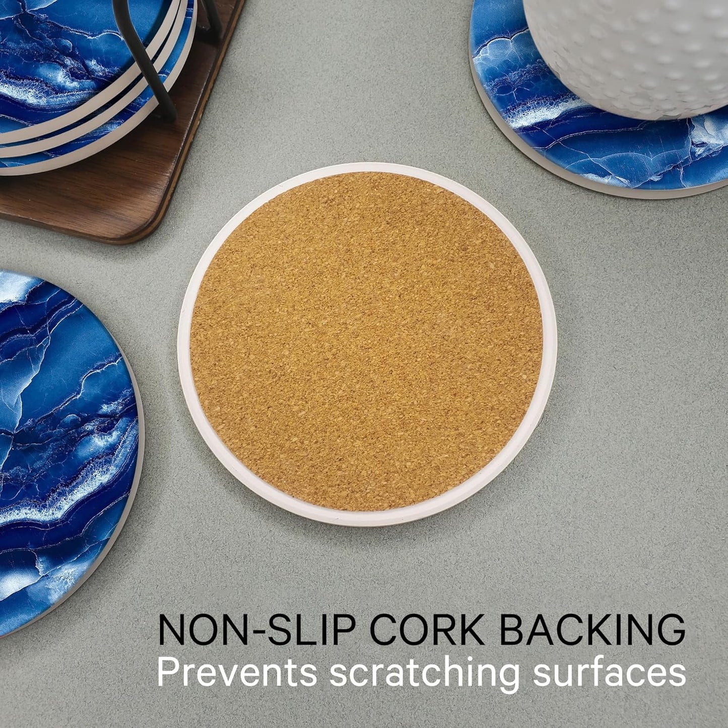 Emerson Coasters for Drinks Absorbent – Dining Table Set of 6 with Holder, 100% Ceramic Wooden Tabletop Protection Marble Style - Non Slip & Cork Bottom - Heavy Duty (Blue Onyx)