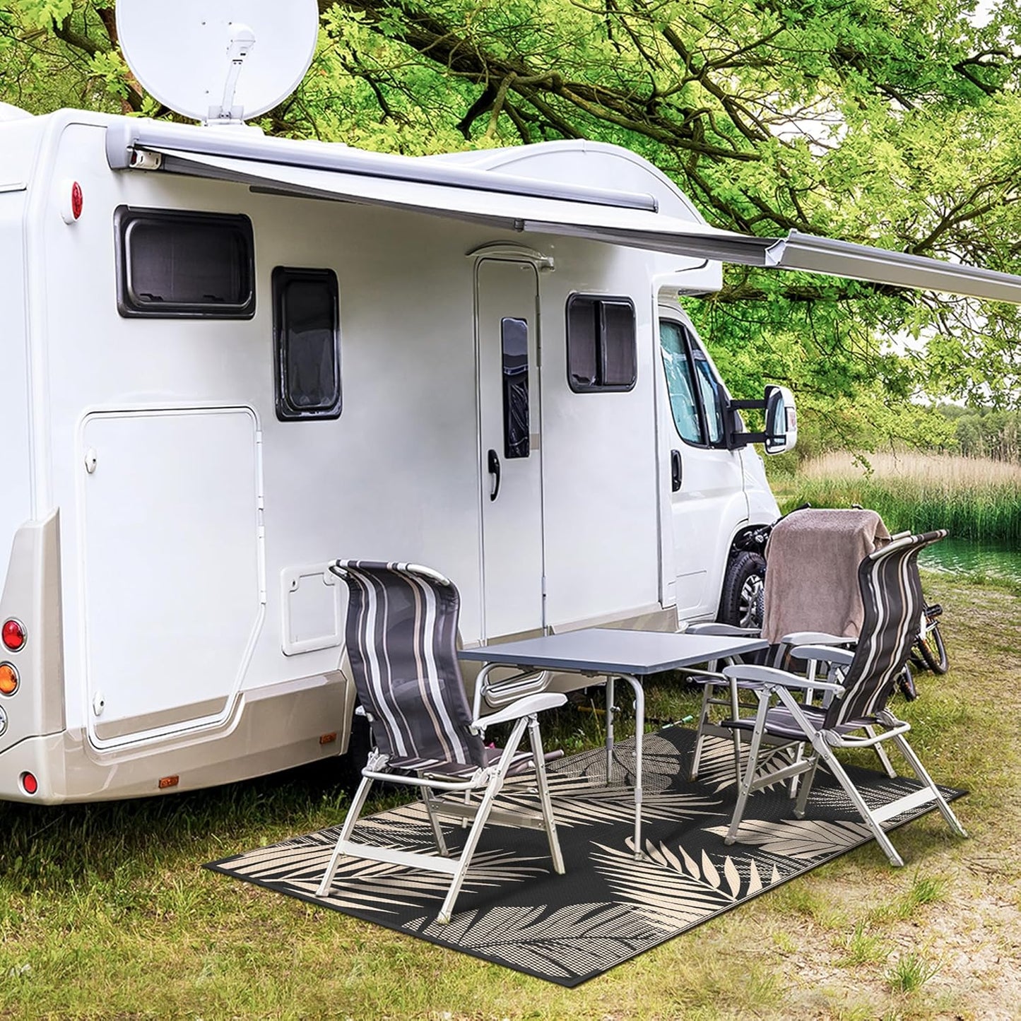 GENIMO Outdoor Rug 3' x 5' Waterproof for Patios Clearance, Reversible Outdoor Plastic Straw Camping Rug Carpet, Large Area Rugs Mats for RV, Camper, Deck, Balcony, Porch, Beach, Picnic, Black&Beige