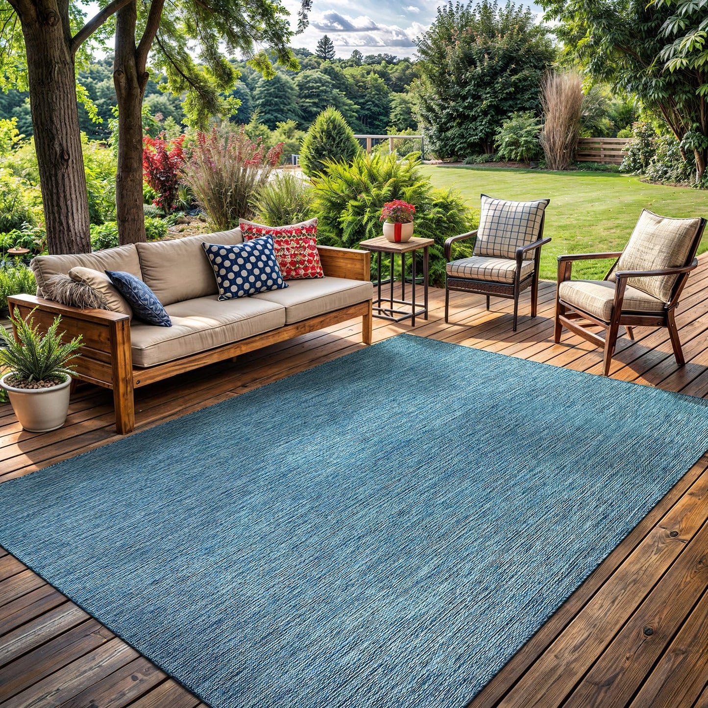 Washable Indoor Outdoor Rug Weather Resistant Carpet Modern Solid for Porch Deck Balcony Backyard Patio Rug 6x9 Aqua Blue