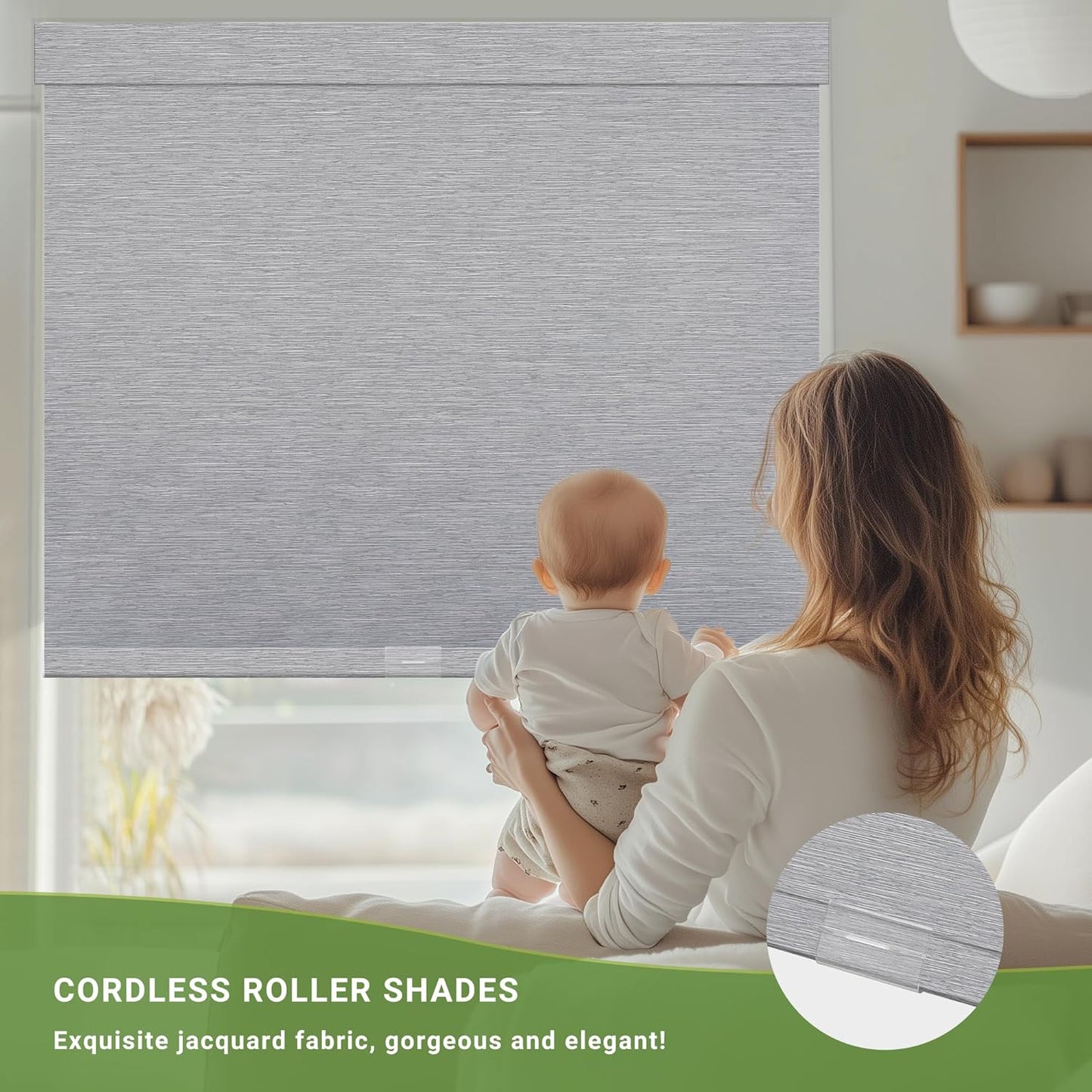 Blackout Roller Shades for Indoor Windows, Cordless Jacquard Fabric-Matched Roller Blinds, Easy to Install Privacy UV Protection Roll Up Blinds for Home Office, Grey, 30" W x 72" H