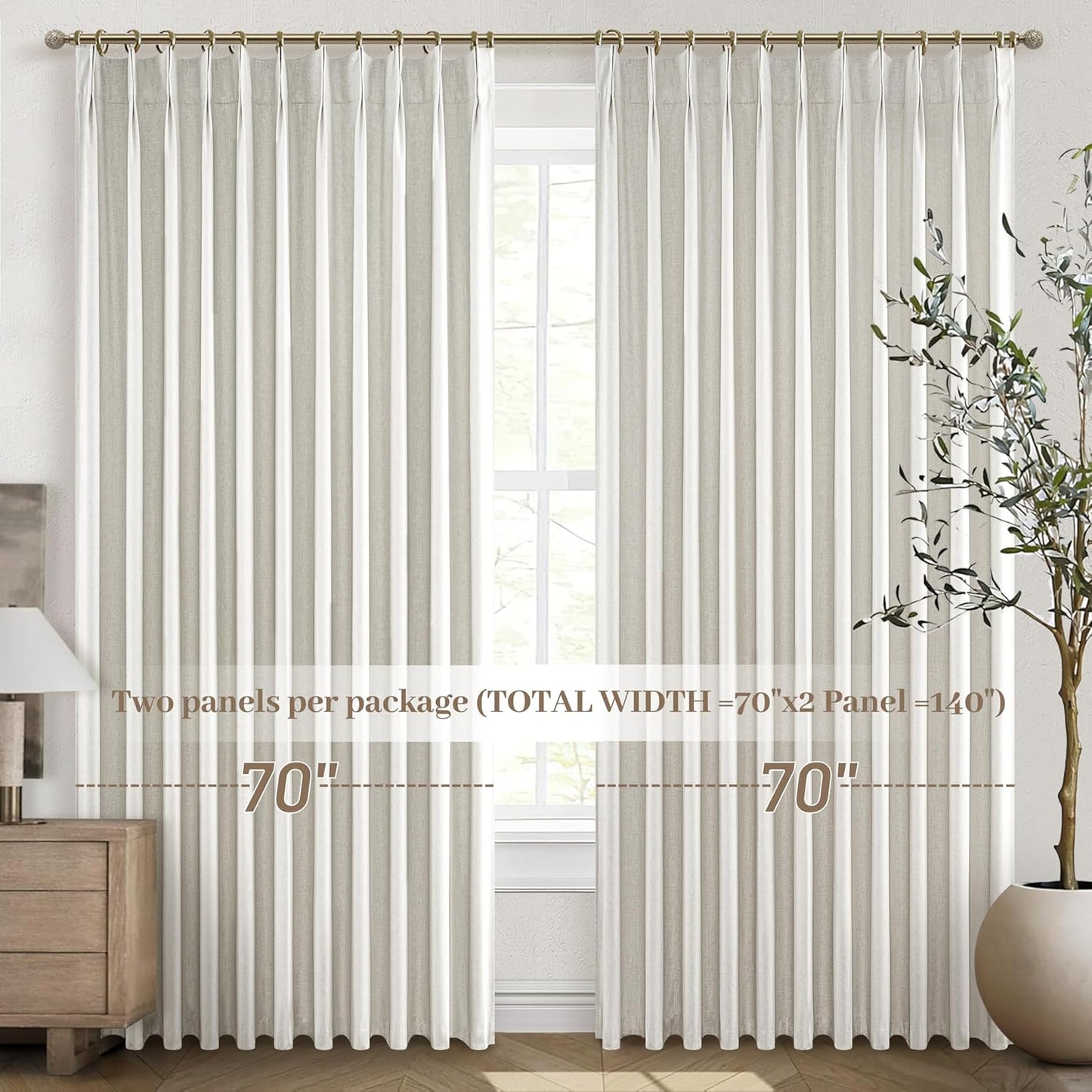 Blackout Curtains 70 Inches Wide Pinch Pleated for Bedroom Window, Viral Linen 70 Inch Extra Wide Curtains for Sliding Glass Doors Thermal Soundproof Heavy Drapes with Hook (W70xL96x2 Panels)