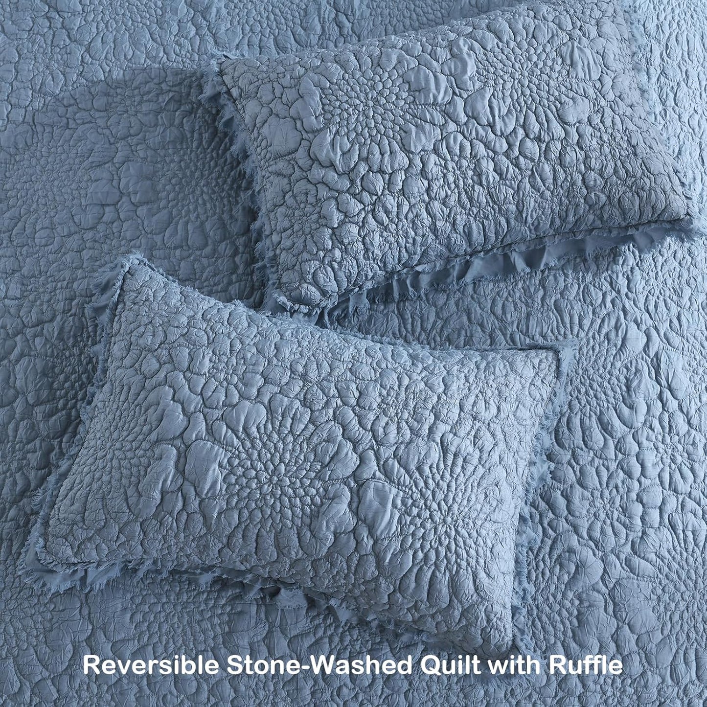 HORIMOTE HOME Blue Ruffled Quilt King Size, Stone-Washed Microfiber Lightweight Crinkled Farmhouse Rustic Shabby Chic Bedding Set, 3 Pieces Reversible Bedspread with Pillow Shams for All Season