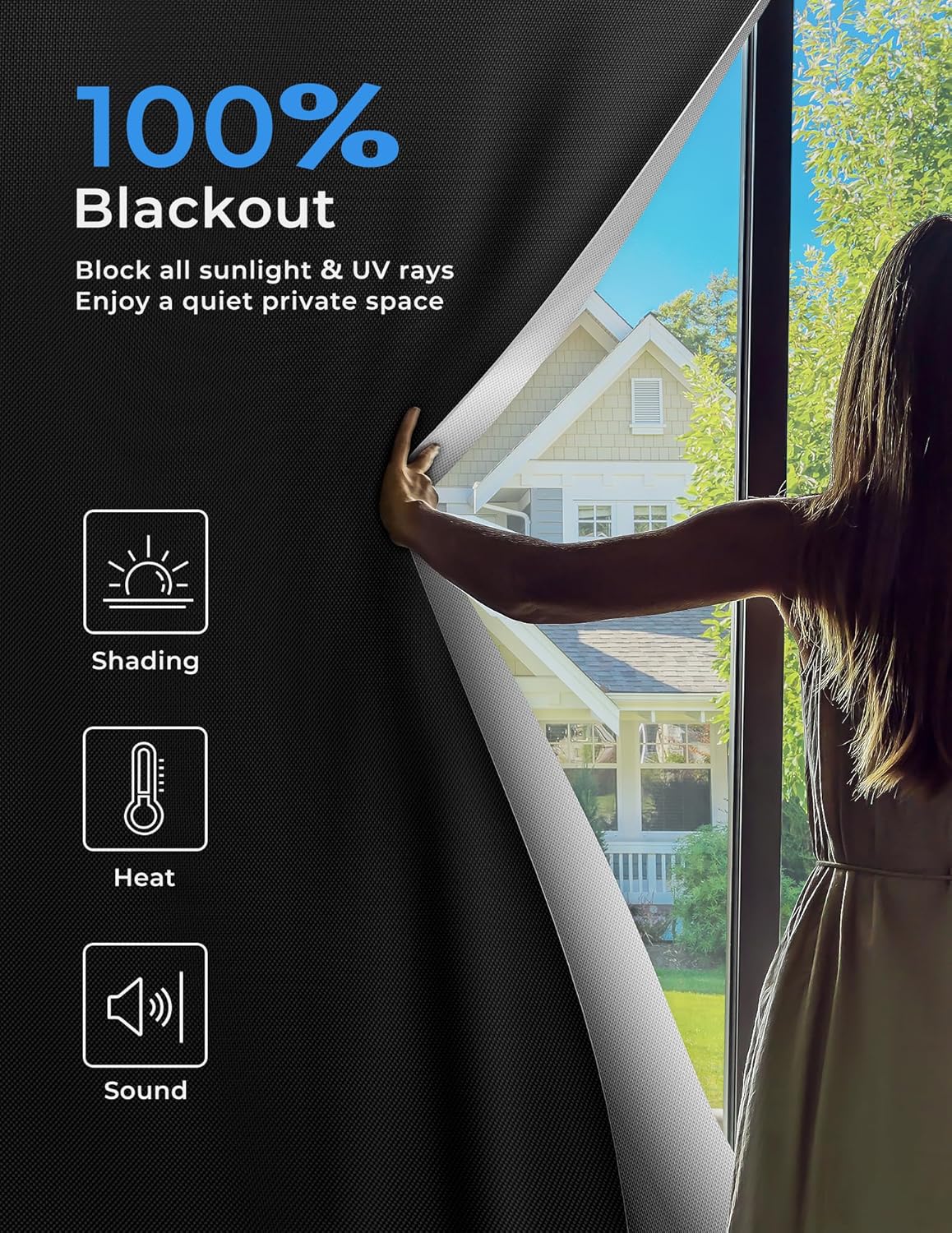 Sumobaby Blackout Curtains for Bedroom 72"x70"Portable Black Out Window Cover with Heat-Resistant Hook&Loop Tape,100% Blackout Shades No Drill Blinds for Windows DIY Cut Fit for Nursery,TV Room(Black)