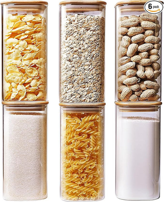 Square Glass Jars with Bamboo Lids 30 FL OZ [Set of 6], Glass Canisters with Airtight Lid, Glass Food Storage Container for Pasta, Flour, Sugar, Rice, Best for Kitchen & Pantry